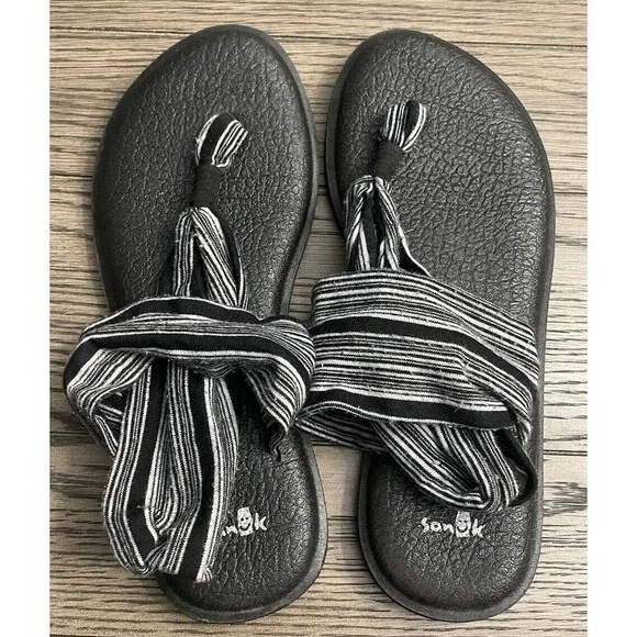 Sanuk Yoga Mat Sling 2 Black White Chevron Flip Flop Sandals Womens Size 7 - Picture 4 of 4